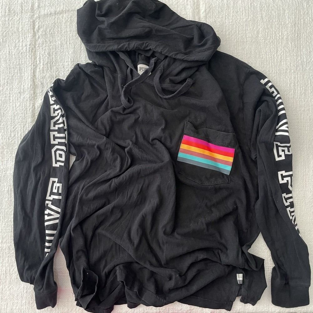 PINK Victoria Secret Hoodie Large Black Logo Long Sleeve Top Pride Runs Big
